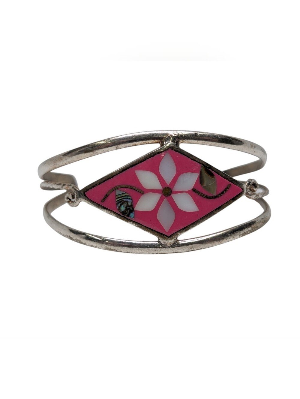Vintage Alpaca Mexico Cuff Pink With White Mother of Pearl And Abalone Flower